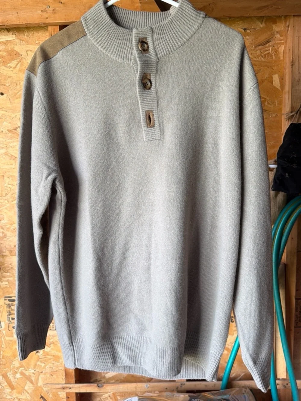 St. John's Bay Light Gray Crewneck Sweater with Tan Shoulder Patch